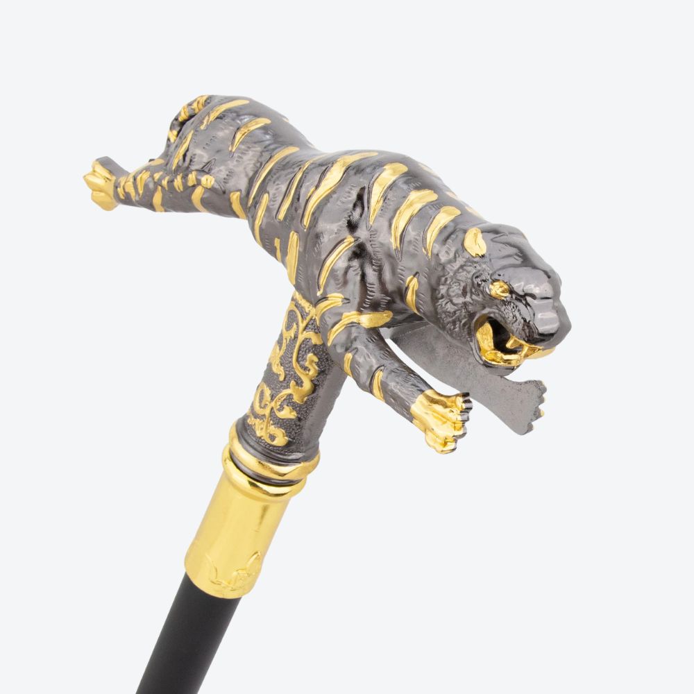 Ancestral Golden Tiger Wooden Cane Classic Dark Silver-Bastoni UK