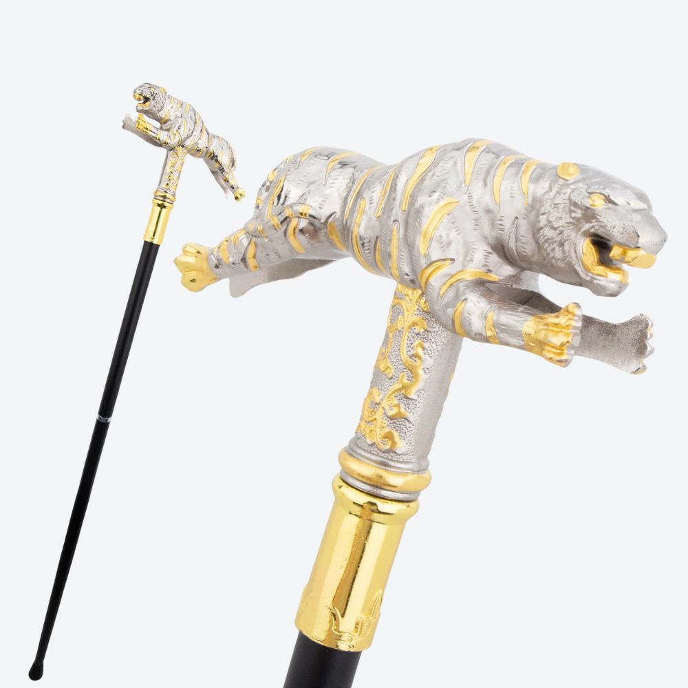 Ancestral Golden Tiger Wooden Cane Light Silver-Bastoni UK