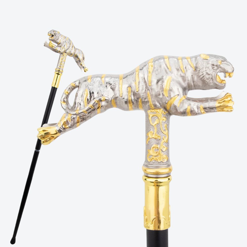 Ancestral Golden Tiger Wooden Cane Light Silver-Bastoni UK