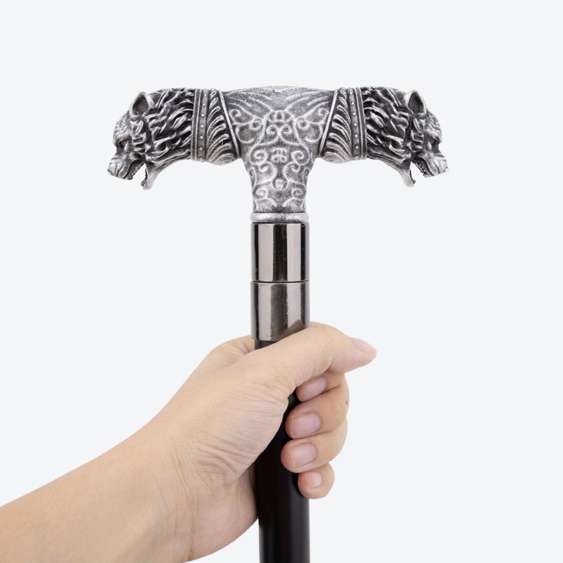 Classic Metal Walking Cane with Double Wolf Head-Bastoni UK