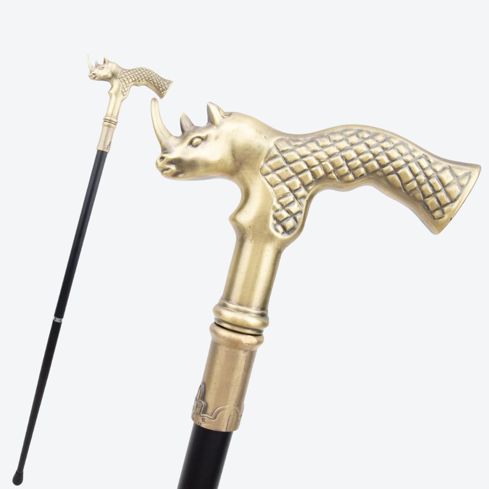 Rustic Metal Walking Stick with Rhinoceros Design in Copper - Bastoni