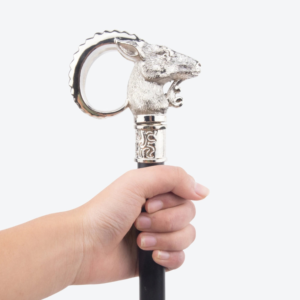 Elegant Metal Walking Stick with Serrana Goat Print, Silver - Bastoni