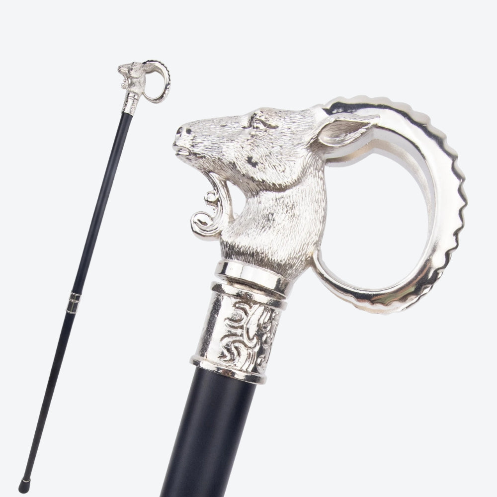 Elegant Metal Walking Stick with Serrana Goat Print, Silver - Bastoni