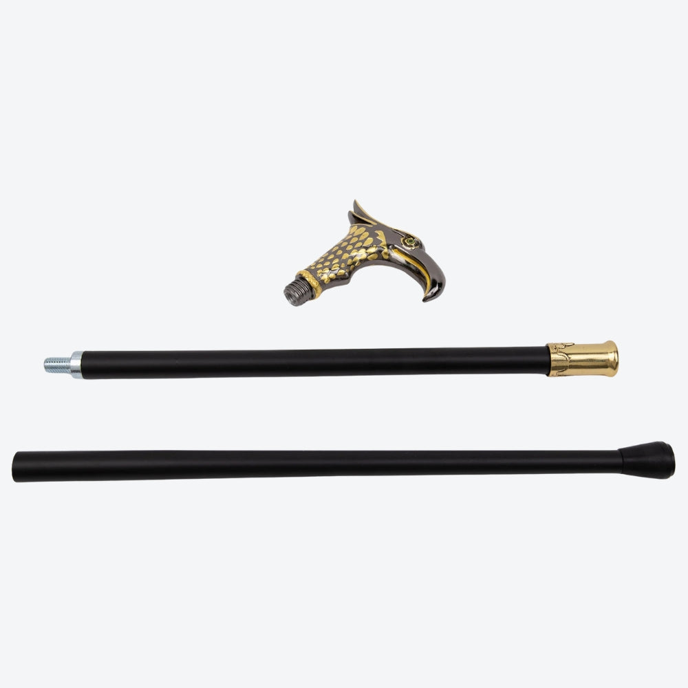 Elegant Metal Walking Stick with Oriental Eagle Design, Silver/Gold - Bastoni