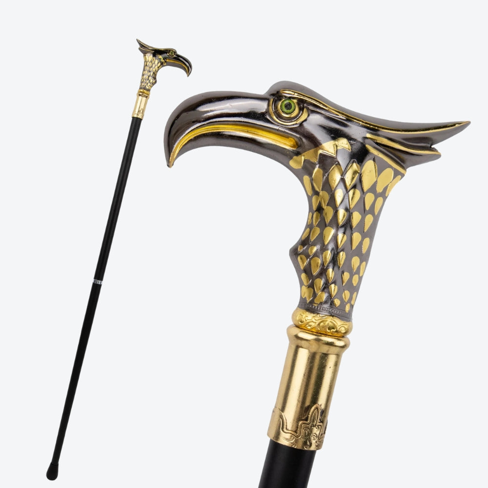 Elegant Metal Walking Stick with Oriental Eagle Design, Silver/Gold - Bastoni