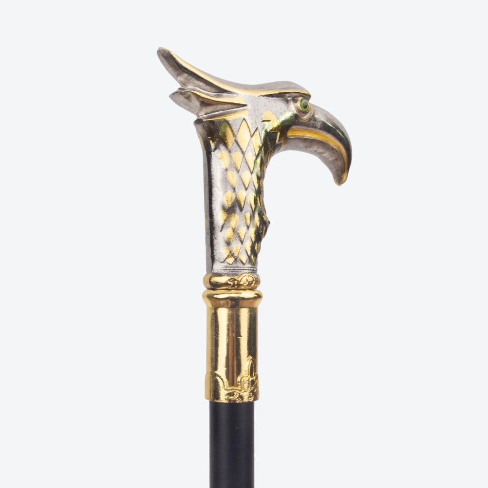 Elegant Metal Walking Stick with Oriental Eagle Design, Silver/Gold - Bastoni