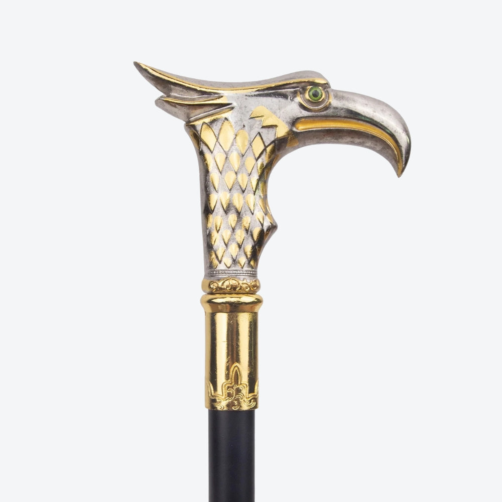 Elegant Metal Walking Stick with Oriental Eagle Design, Silver/Gold - Bastoni