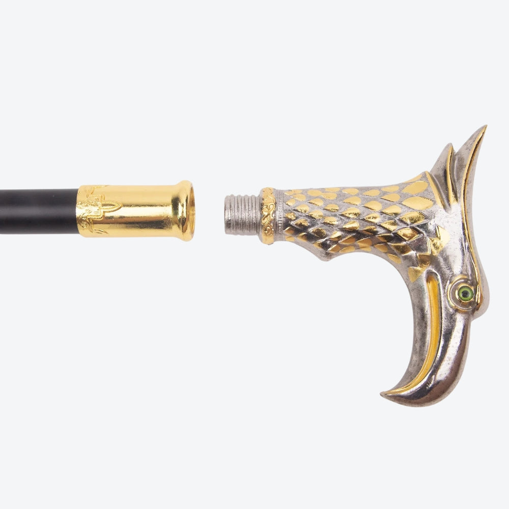 Elegant Metal Walking Stick with Oriental Eagle Design, Silver/Gold - Bastoni