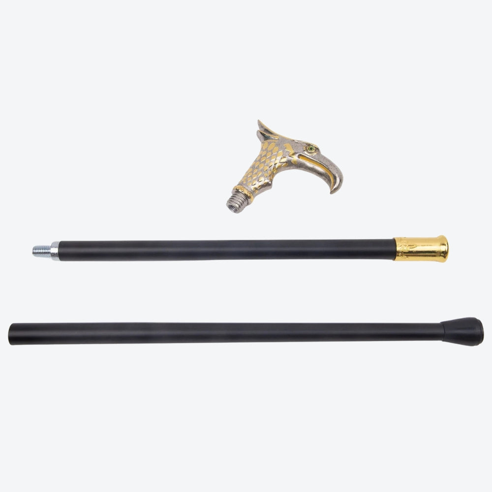 Elegant Metal Walking Stick with Oriental Eagle Design, Silver/Gold - Bastoni