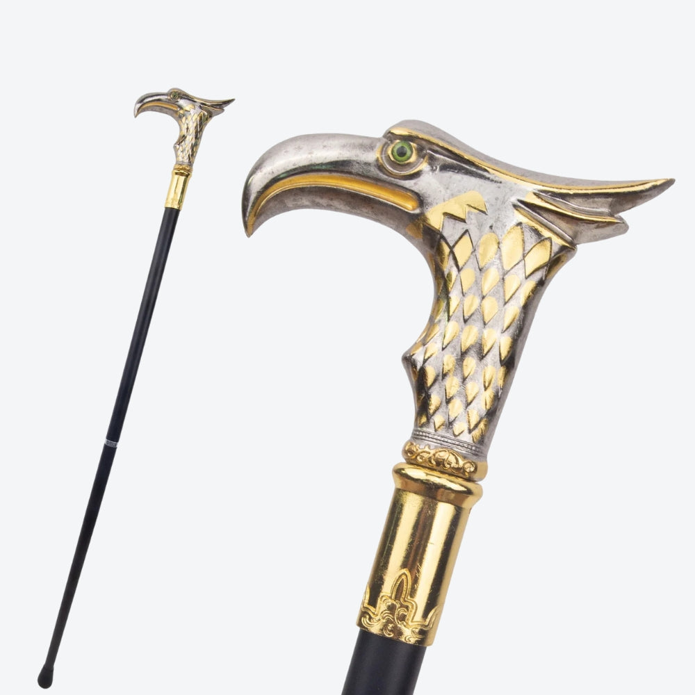 Elegant Metal Walking Stick with Oriental Eagle Design, Silver/Gold - Bastoni