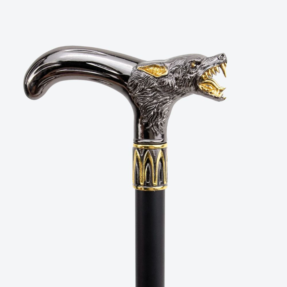 Elegant Metallic Alpha Wolf Cane Black/Gold - Bastoni