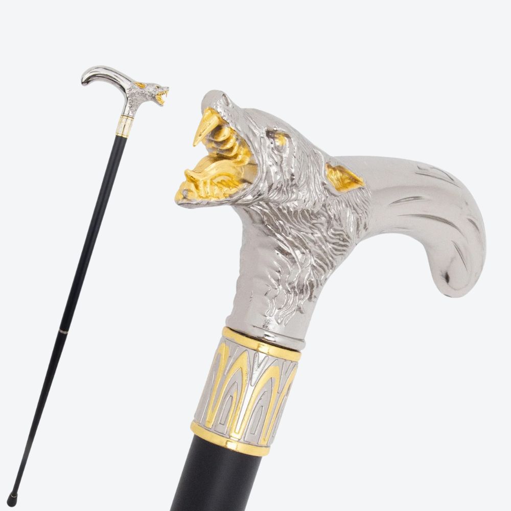 Elegant Metallic Alpha Wolf Cane Silver/Gold - Bastoni