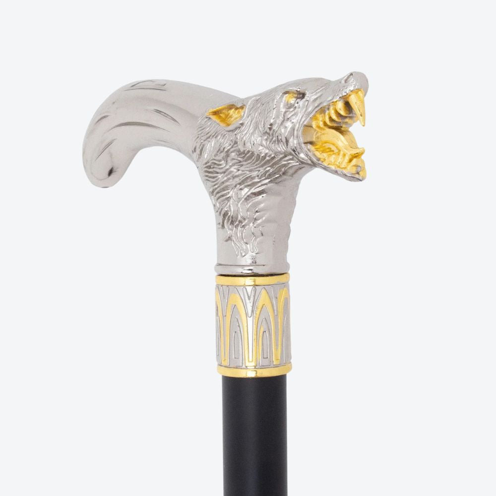 Elegant Metallic Alpha Wolf Cane Silver/Gold - Bastoni