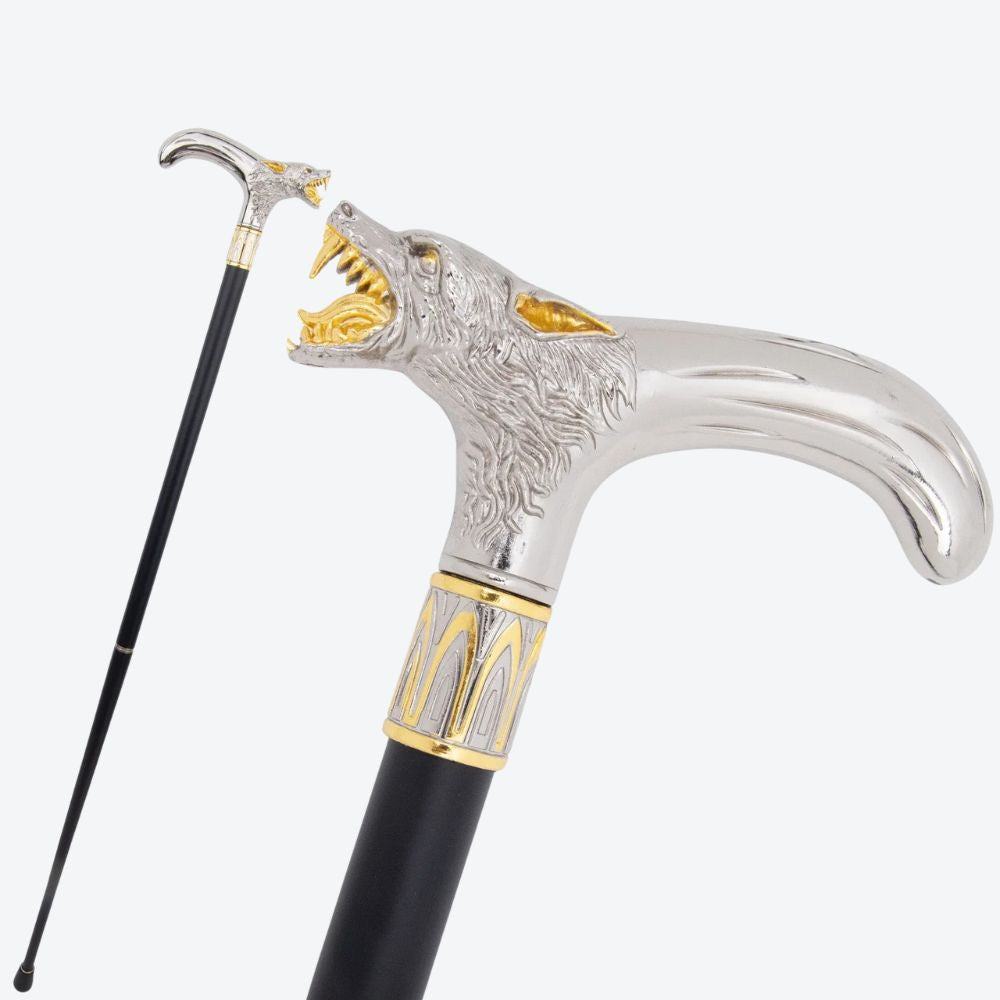 Elegant Metallic Alpha Wolf Cane Silver/Gold - Bastoni