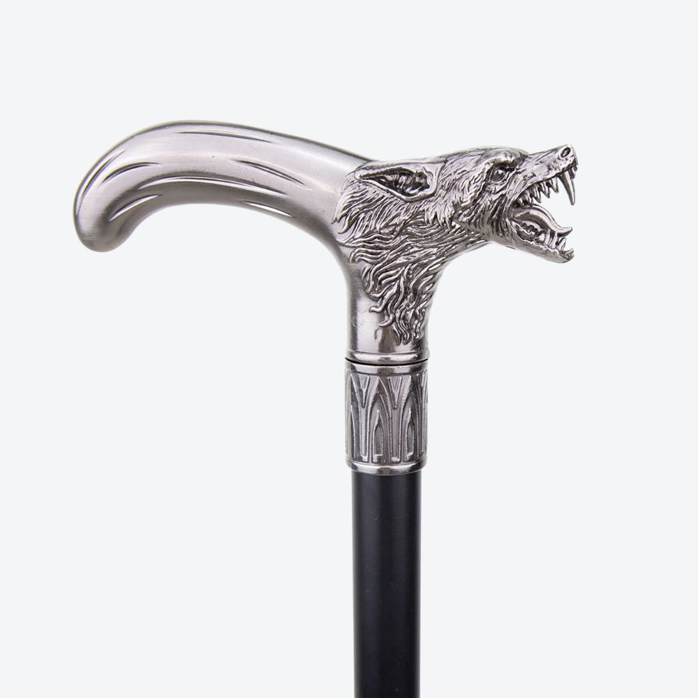 Elegant Metallic Silver Alpha Wolf Cane - Bastoni