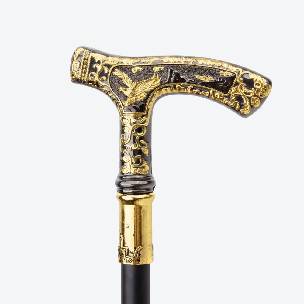 Elegant walking stick with golden eagle handle and dark wood - Bastoni