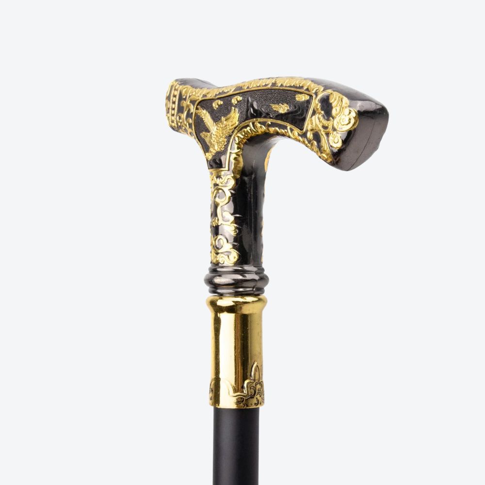 Elegant walking stick with golden eagle handle and dark wood - Bastoni