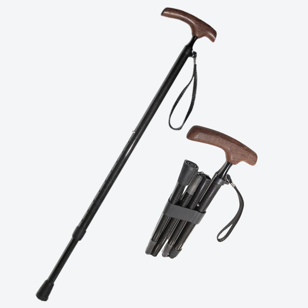 Folding Carbon Fiber Walking Stick with Wooden Handle