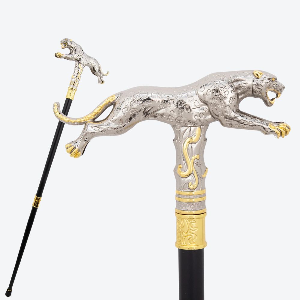 Golden Leopard Metal Cane Light Silver-Bastoni UK
