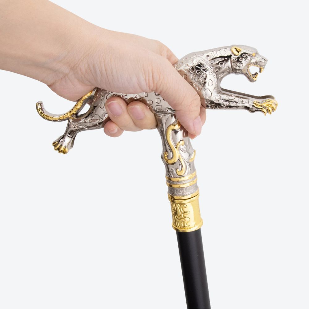 Golden Leopard Metal Cane Light Silver-Bastoni UK