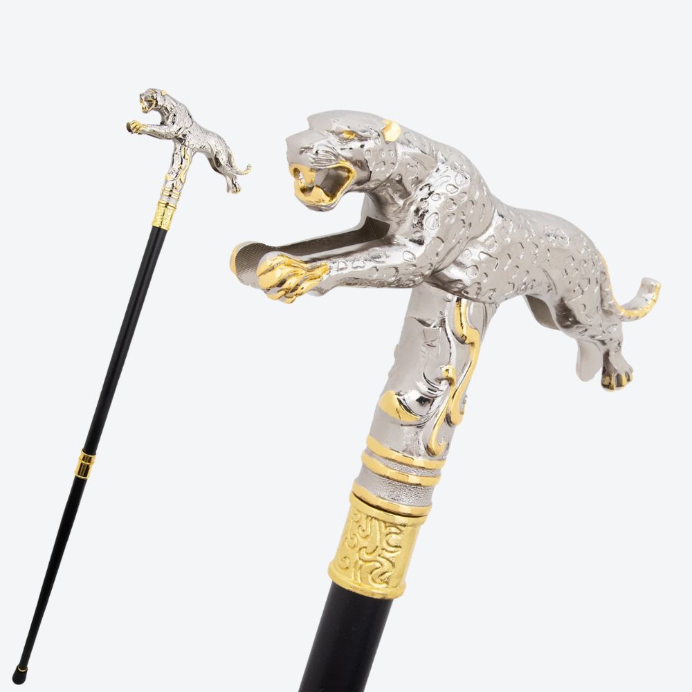 Golden Leopard Metal Cane Light Silver-Bastoni UK