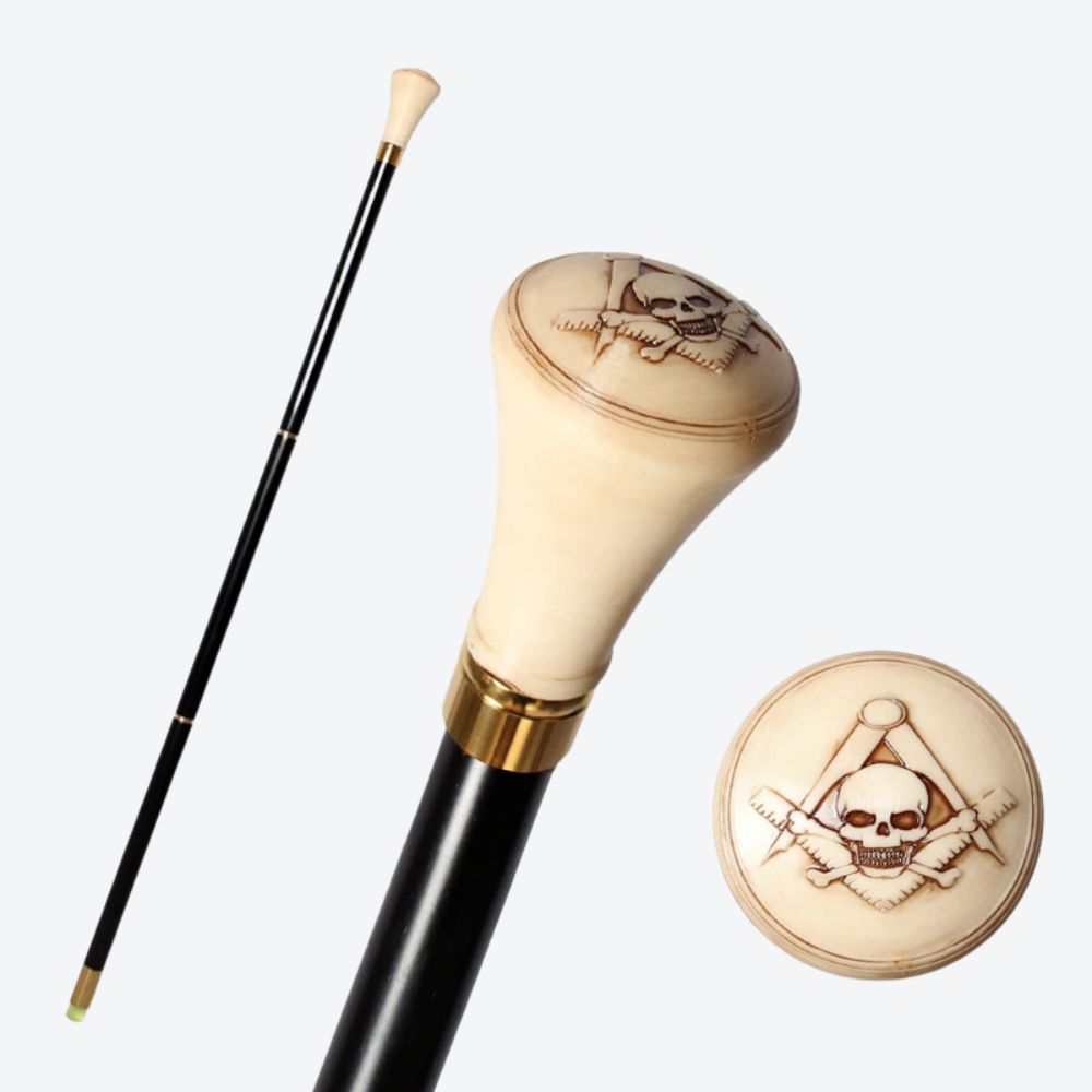 Masonic Cane Compass, Square and Red Skull Bastoni