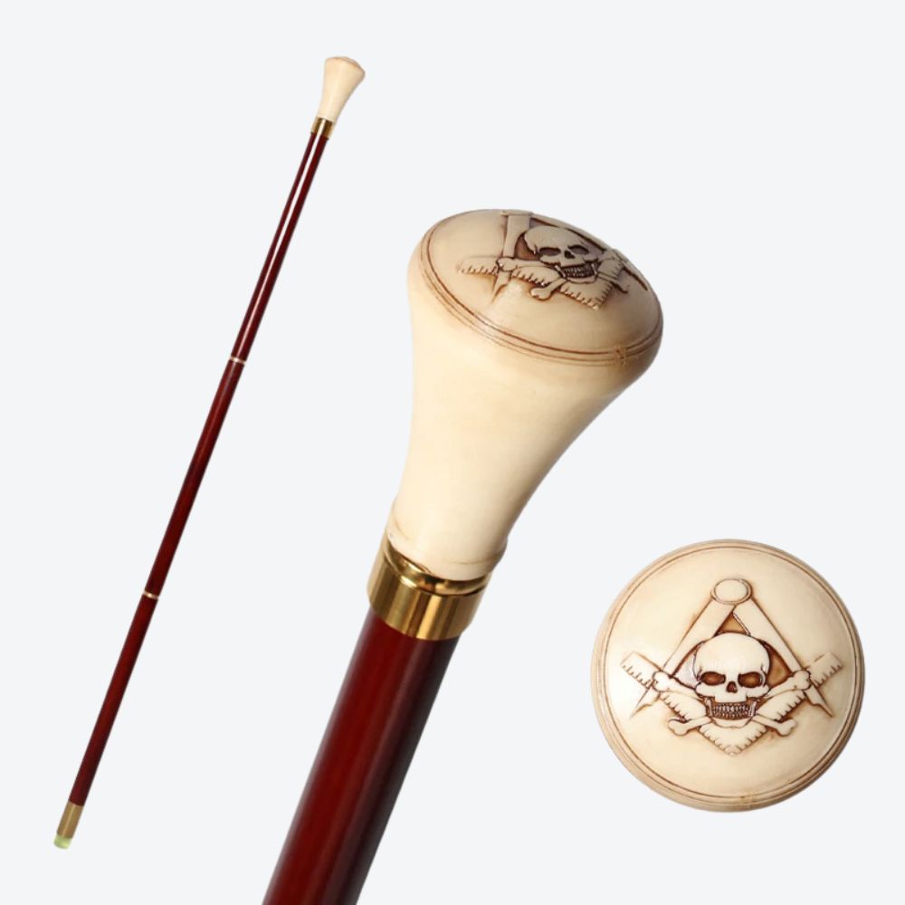 Masonic Cane Compass, Square and Red Skull Bastoni