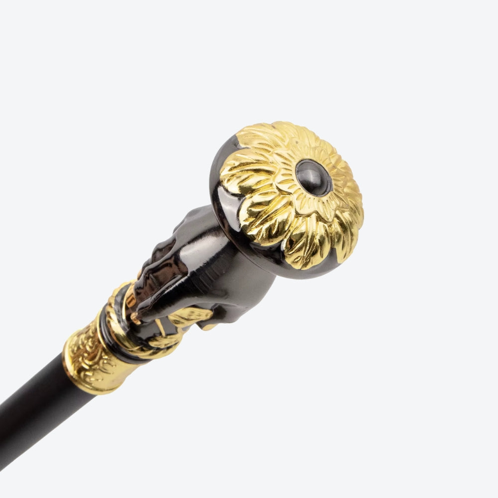 Metallic Walking Stick with Noble Flower Design, Black/Gold - Bastoni