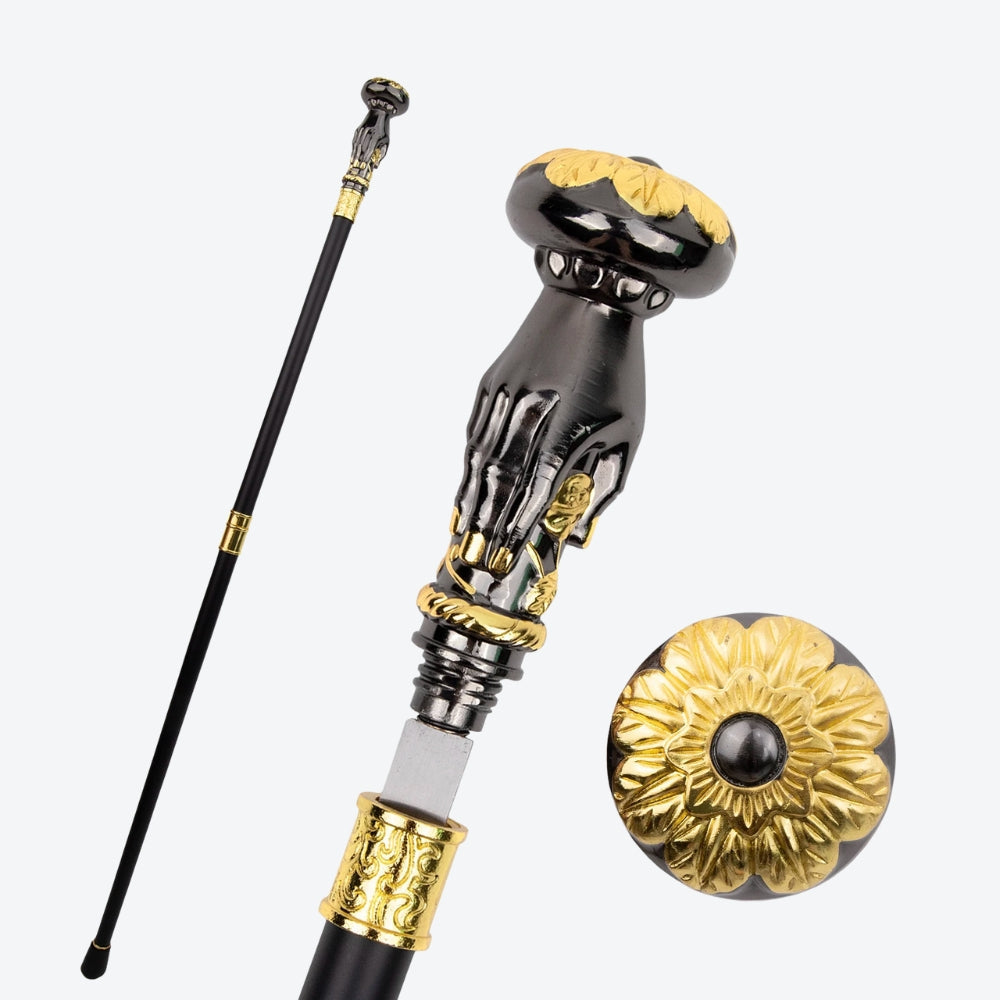 Metallic Walking Stick with Noble Flower Design, Black/Gold - Bastoni
