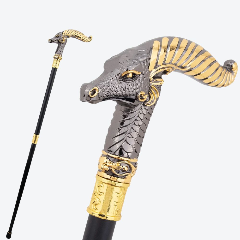 Mountain Goat Metal Cane Dark Silver/Golden-Bastoni Co