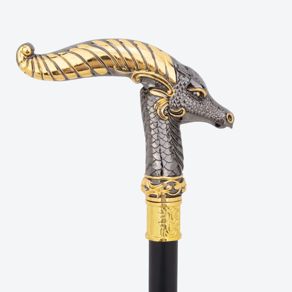 Mountain Goat Metal Cane Dark Silver/Golden-Bastoni Co