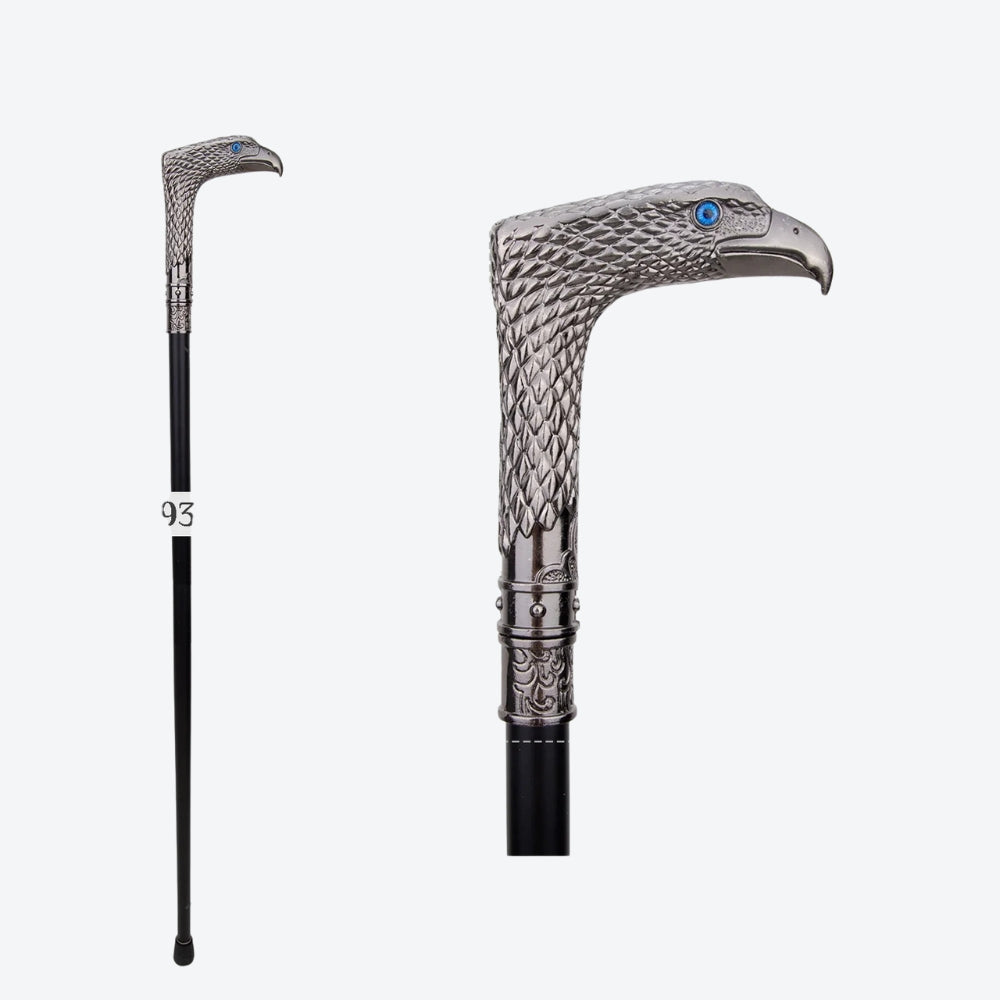 Rustic Metal Walking Stick with Silver Hawk Design - Bastoni