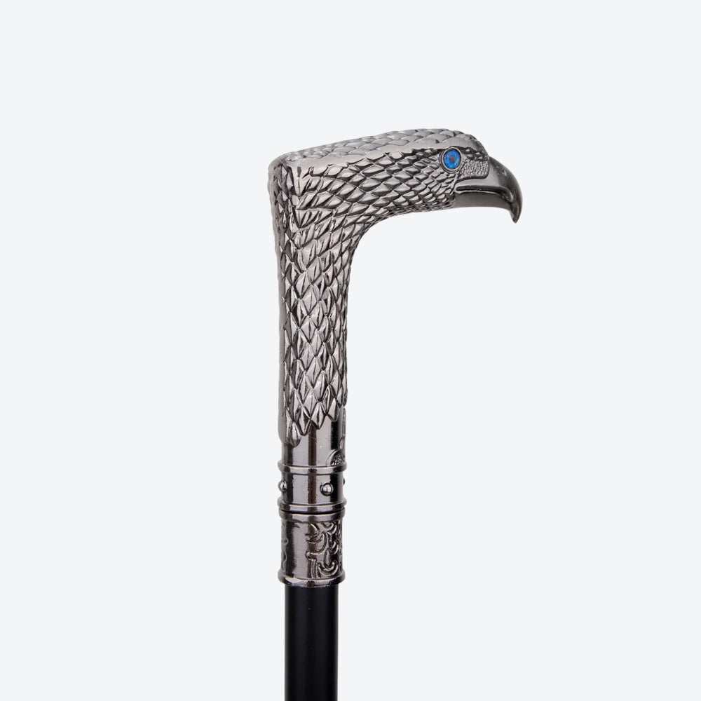 Rustic Metal Walking Stick with Silver Hawk Design - Bastoni