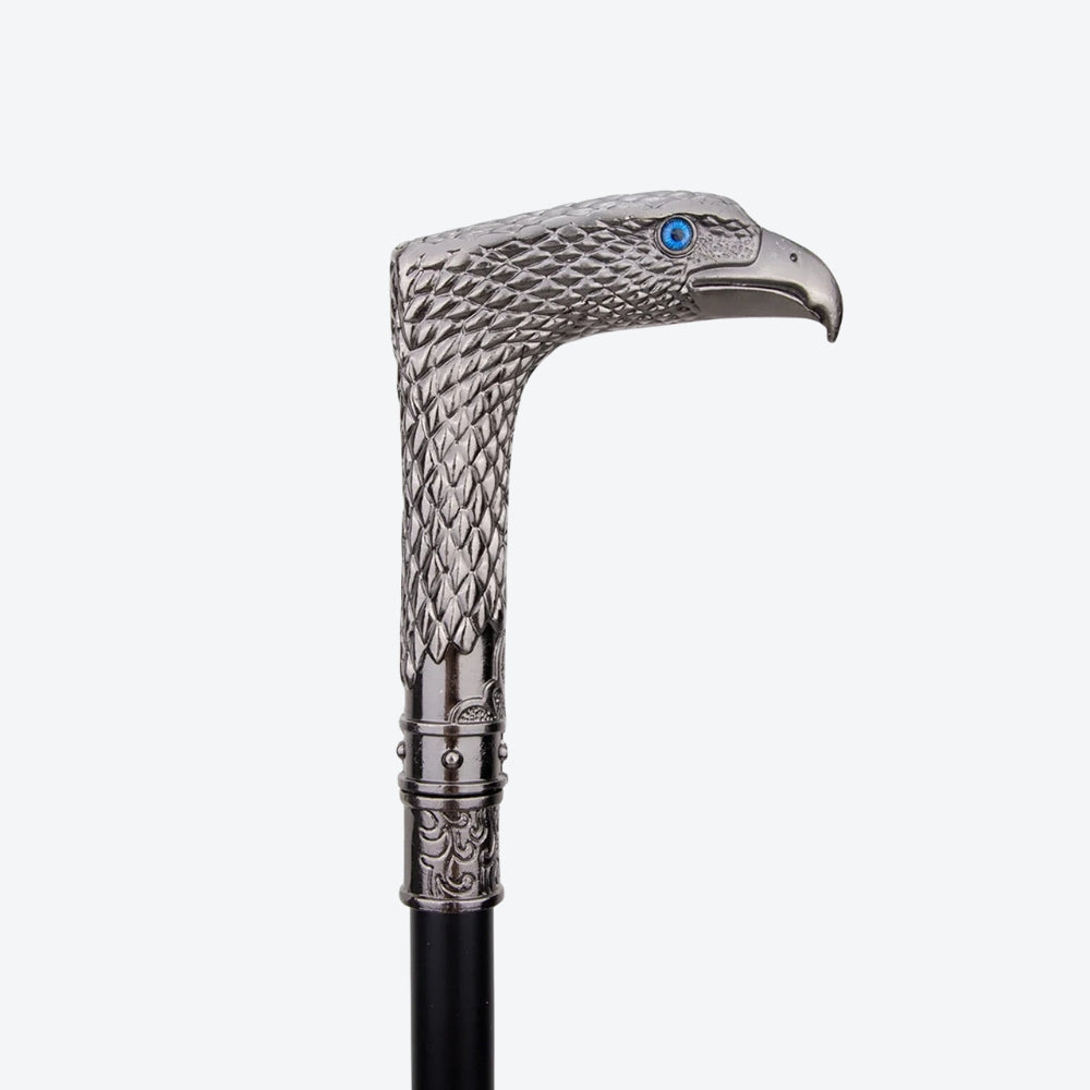 Rustic Metal Walking Stick with Silver Hawk Design - Bastoni