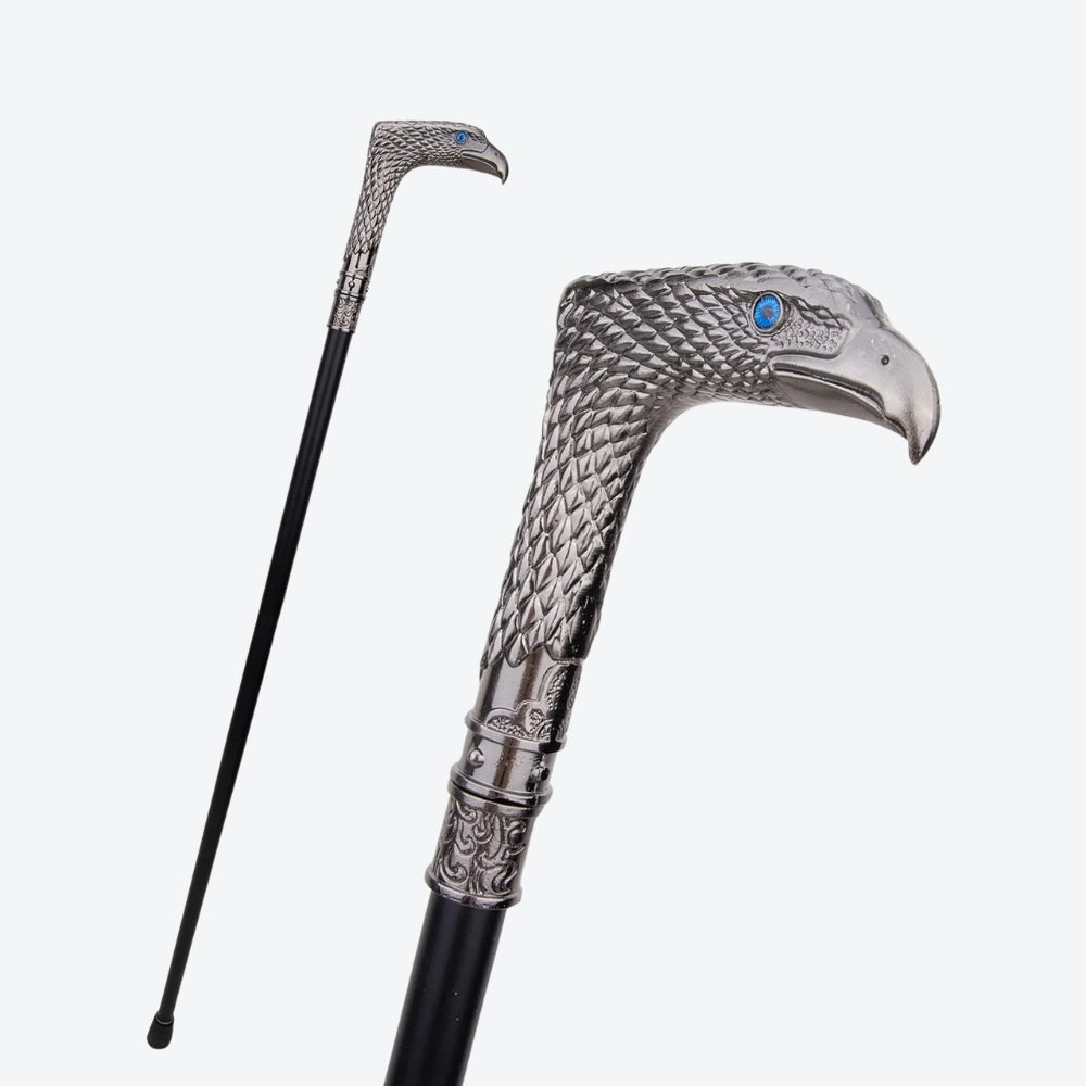 Rustic Metal Walking Stick with Silver Hawk Design - Bastoni