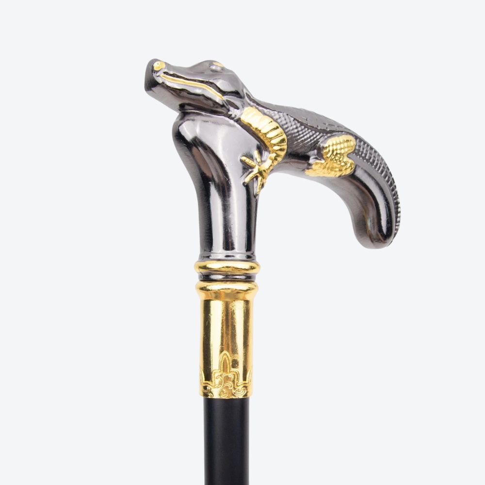 Rustic Metal Cane with Crocodile Design, Dark Silver and Gold - Bastoni