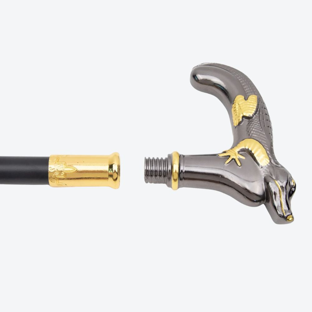 Rustic Metal Cane with Crocodile Design, Dark Silver and Gold - Bastoni