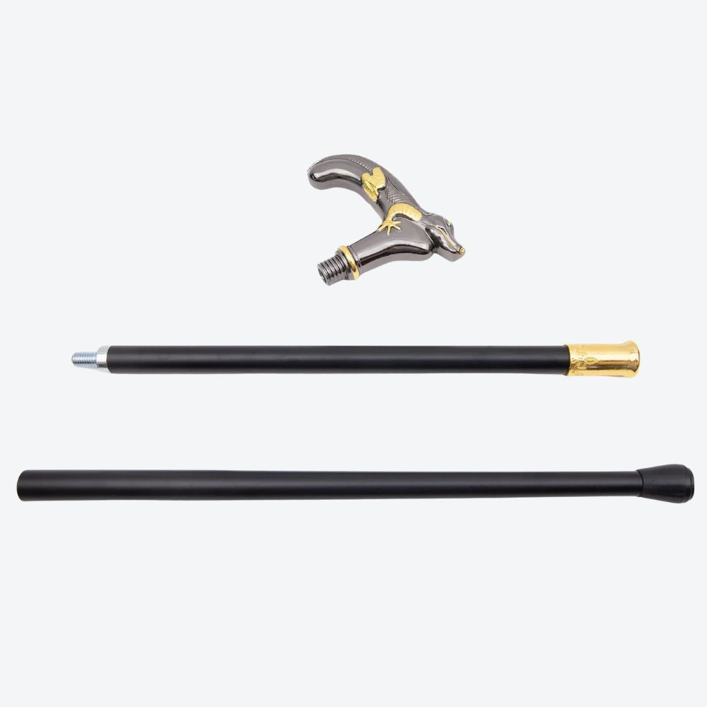 Rustic Metal Cane with Crocodile Design, Dark Silver and Gold - Bastoni