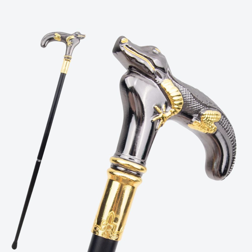 Rustic Metal Cane with Crocodile Design, Dark Silver and Gold - Bastoni