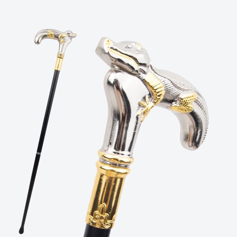 Rustic Metal Crocodile Walking Stick, Silver and Gold - Bastoni