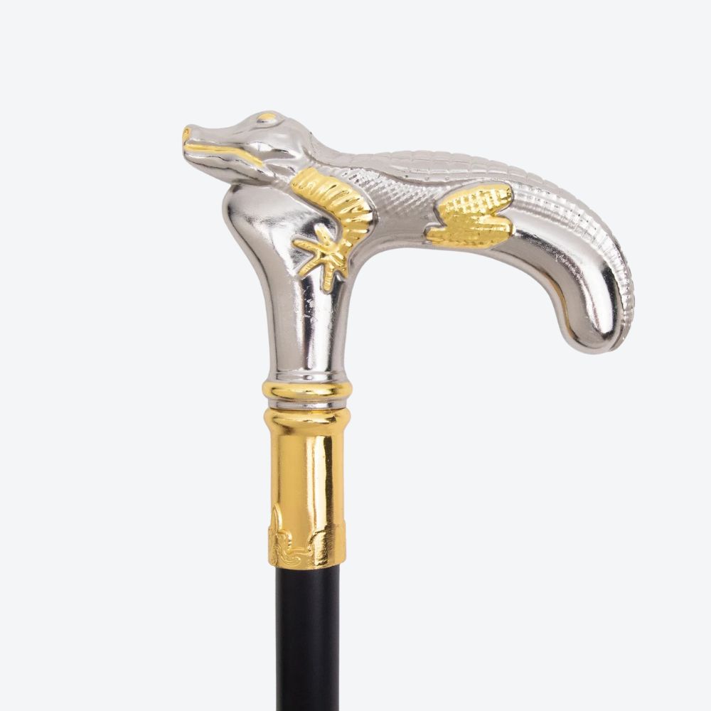 Rustic Metal Crocodile Walking Stick, Silver and Gold - Bastoni
