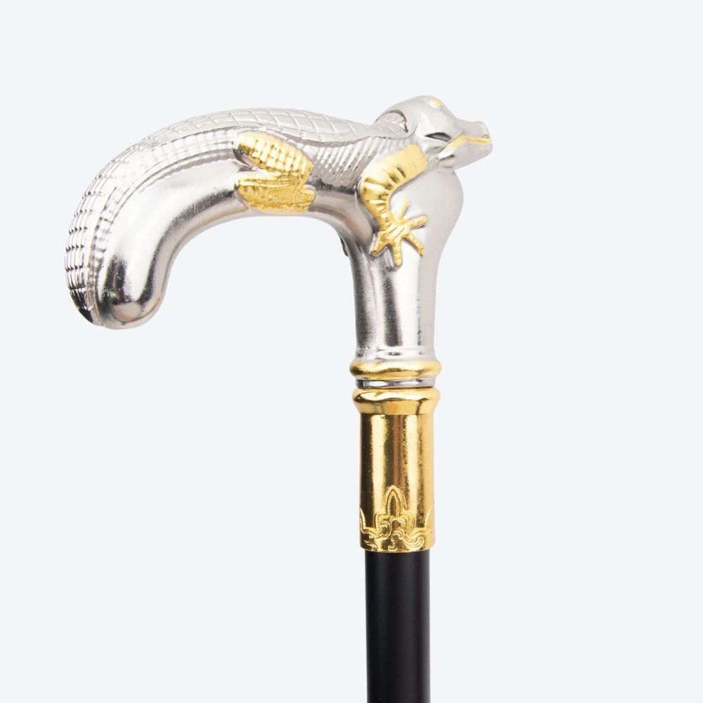 Rustic Metal Crocodile Walking Stick, Silver and Gold - Bastoni