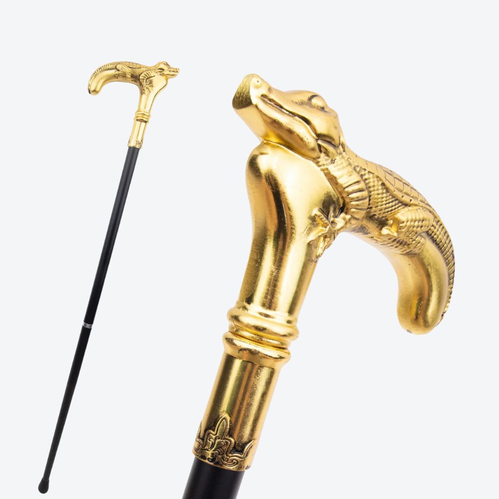 Rustic Metal Cane with Golden Crocodile Design - Bastoni
