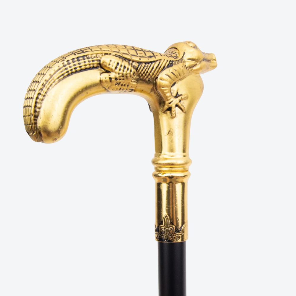 Rustic Metal Cane with Golden Crocodile Design - Bastoni
