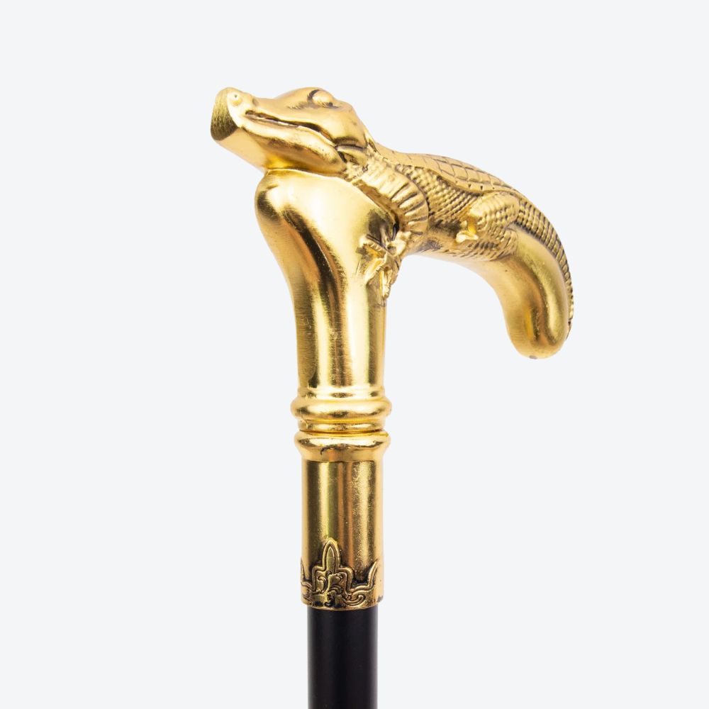Rustic Metal Cane with Golden Crocodile Design - Bastoni