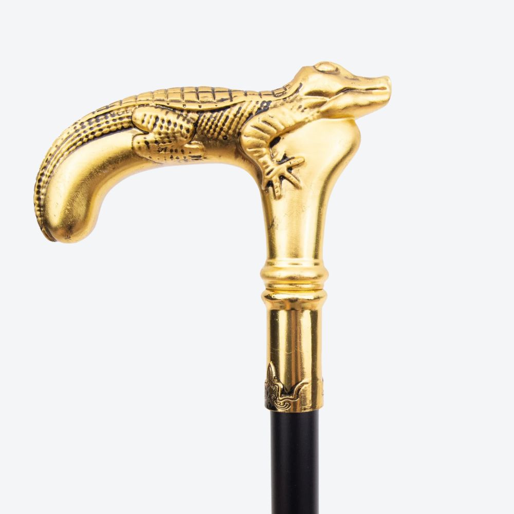 Rustic Metal Cane with Golden Crocodile Design - Bastoni