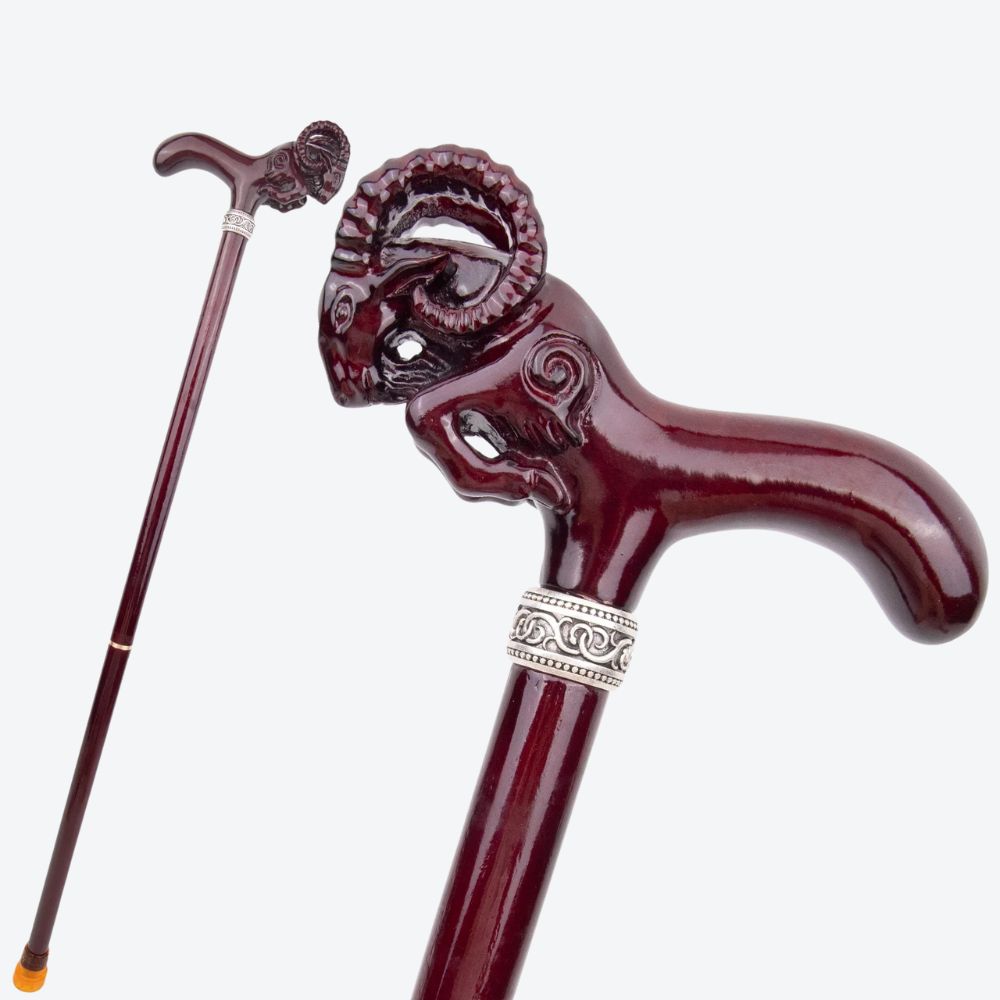 Rustic Wooden Walking Stick with Goat Design - Bastoni