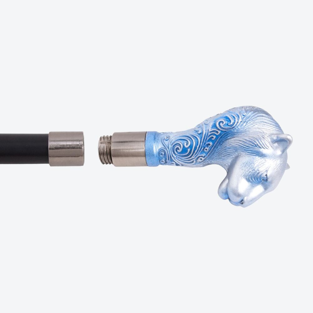 Sculptural Leopard Metal Cane Bluish Silver-Bastoni UK