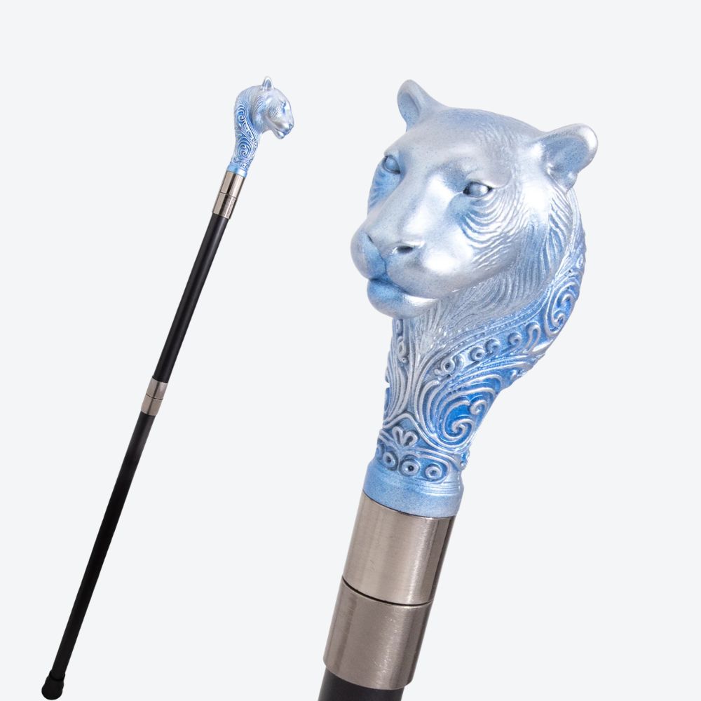 Sculptural Leopard Metal Cane Bluish Silver-Bastoni UK