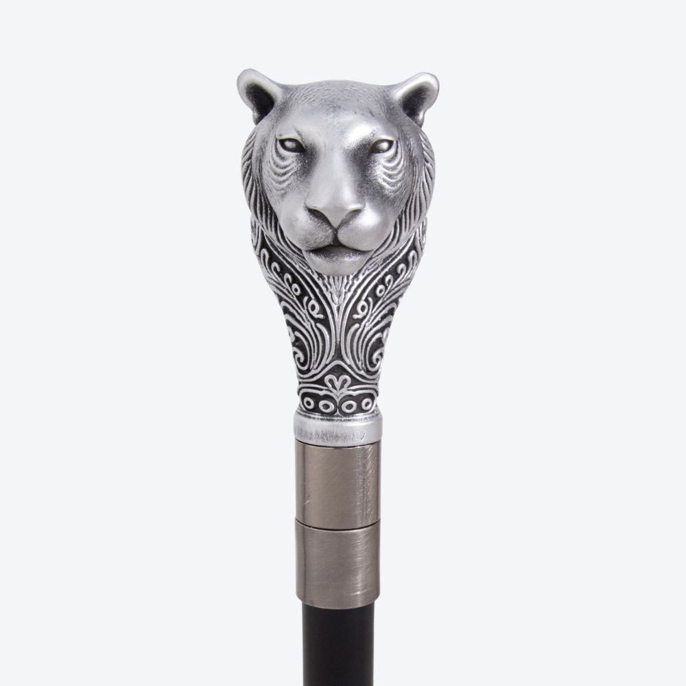 Sculptural Leopard Metal Cane Silver-Bastoni UK